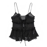 Black Bow Mesh Translucent Ruffle Trim Spaghetti Strap Tank Top
